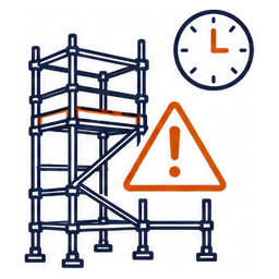 Scaffold frame with a warning sign and clock